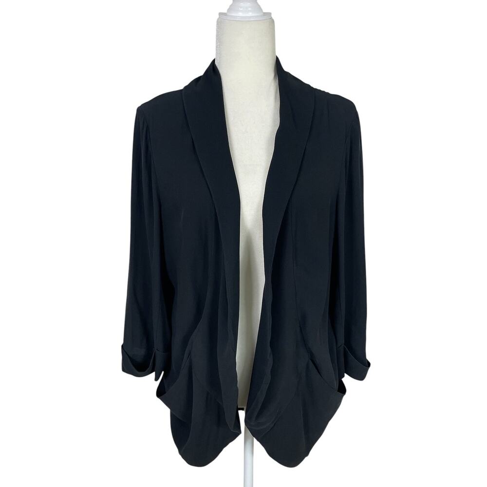 Eileen Fisher Silk Crepe Open Front Cardigan Black LP Minimalist Lagenlook Chic
